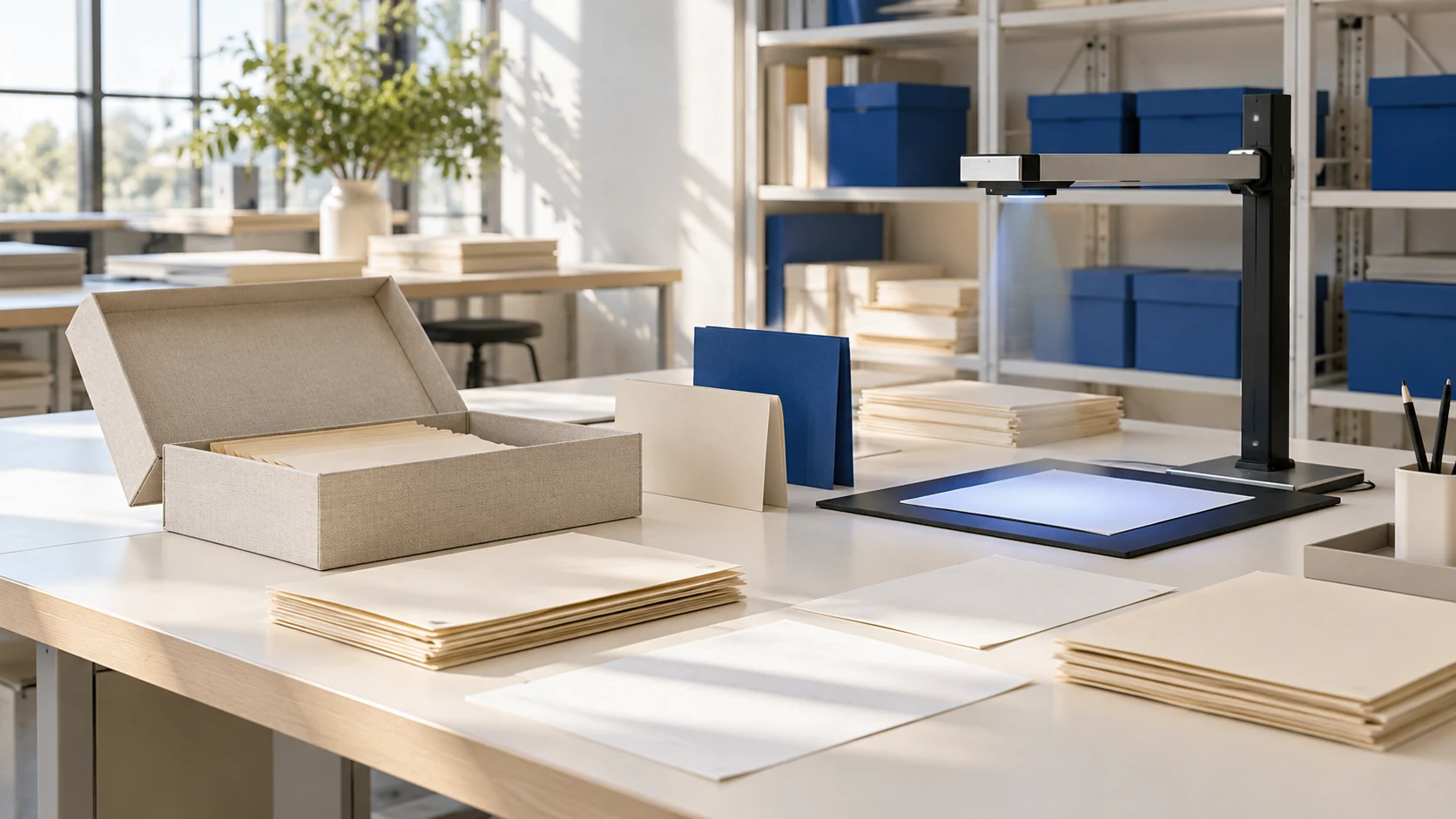 Archive folders, paper records and a cobalt storage box on a sunlit worktable